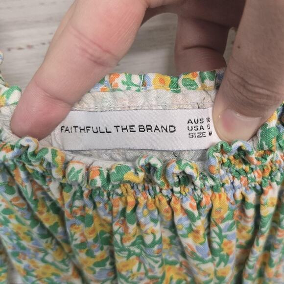 Faithfull The Brand Prairie Dress Sz M Green Yellow Floral Smocked Cottage Fairy - Picture 2 of 12